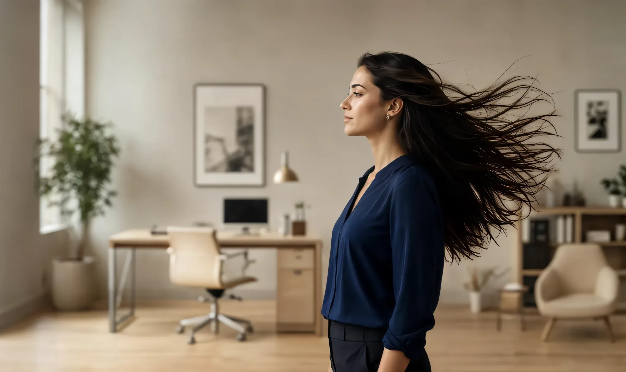 A woman standing in a calm workspace, her hair lifted by moving air