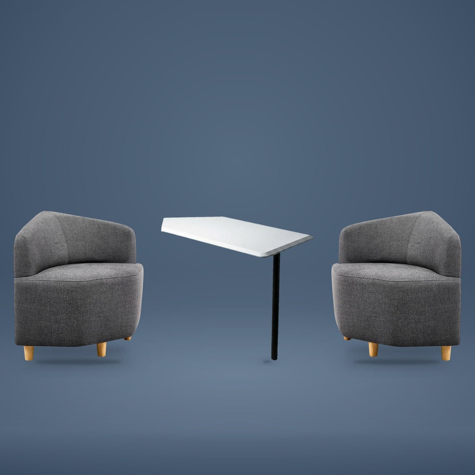The furniture included with an M2-Pod — two grey upholstered corner sofas on light wooden legs either side of a white face-to-face bar table on a slim black column, shown against a slate blue-grey background