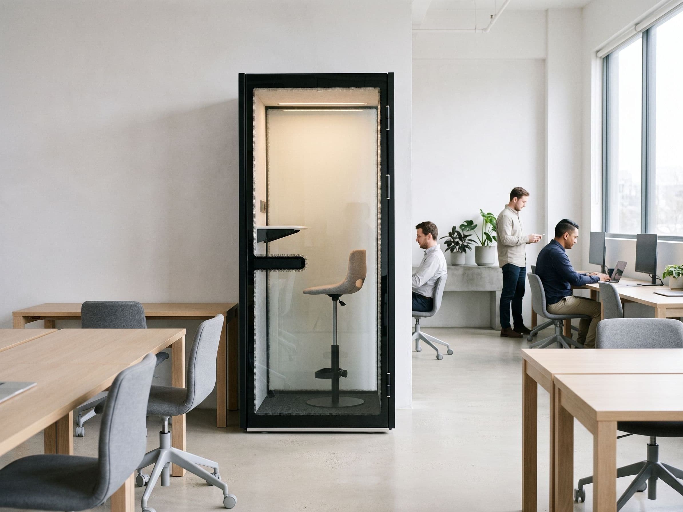 An S-Pod phone booth installed against a plain white wall in a bright open-plan office, with colleagues working at oak desks nearby