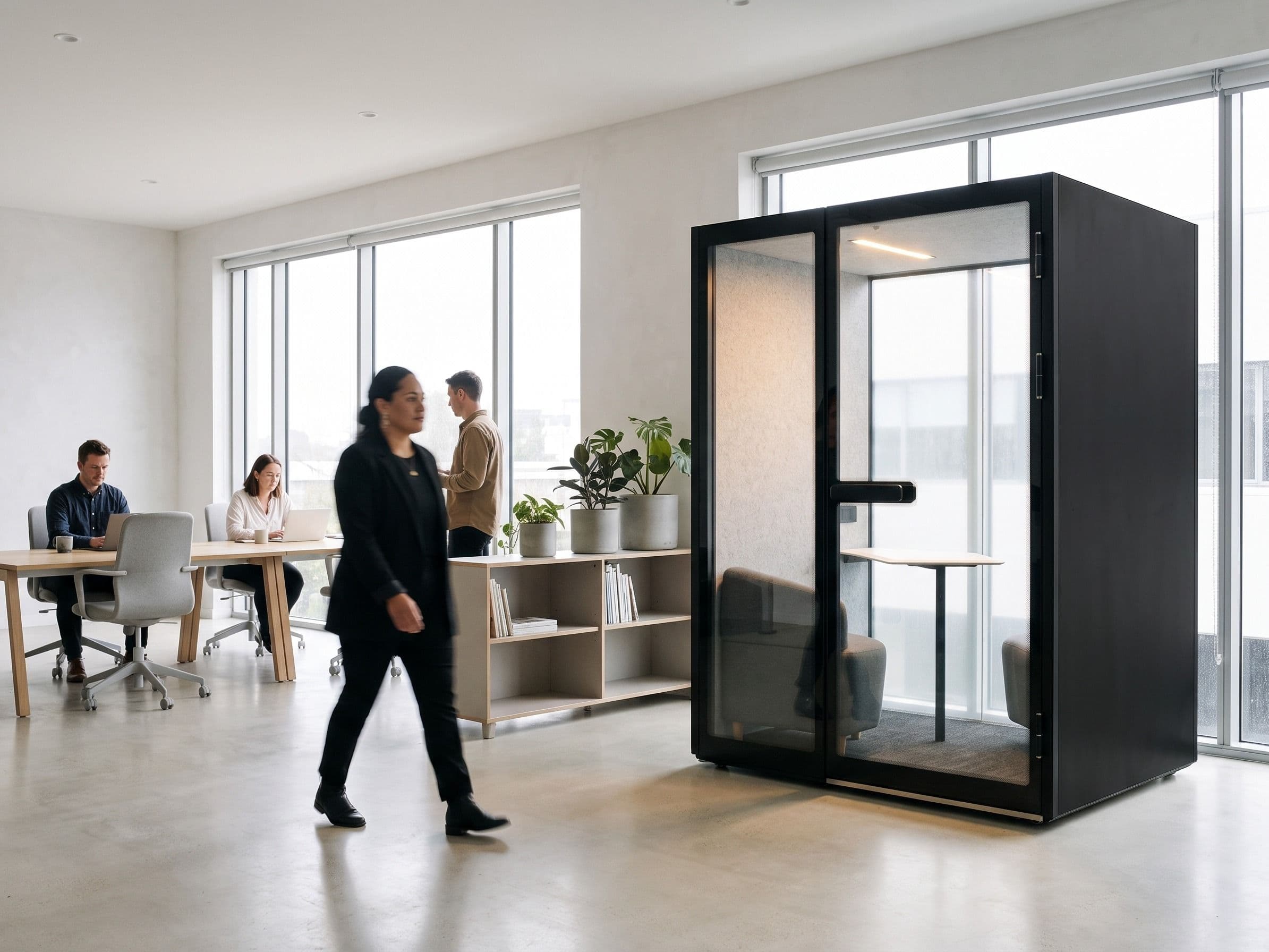An M2-Pod in a bright open-plan office beside floor-to-ceiling windows, with colleagues working at desks nearby