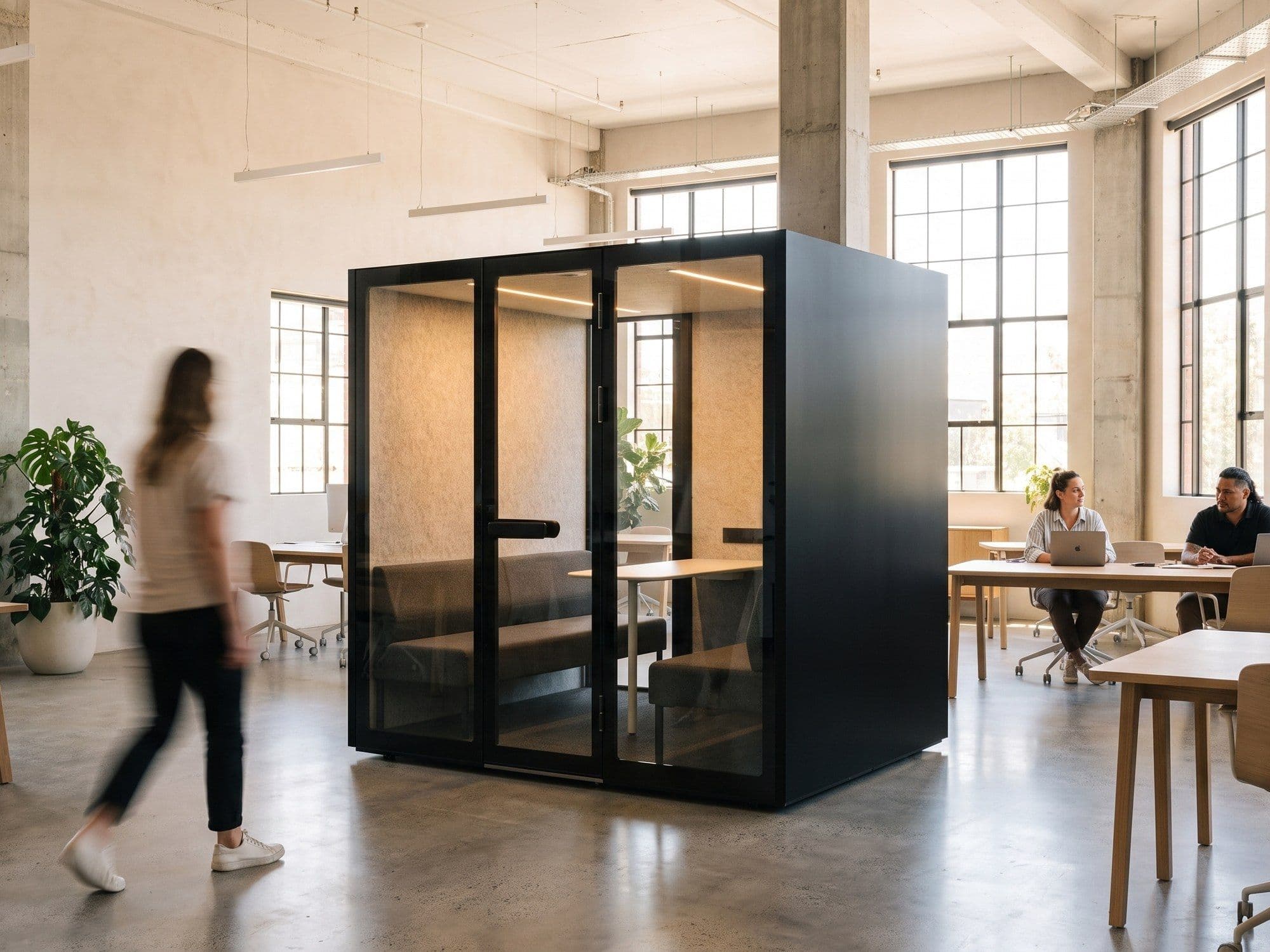 A Peacepod meeting pod in an open-plan office, with someone walking past